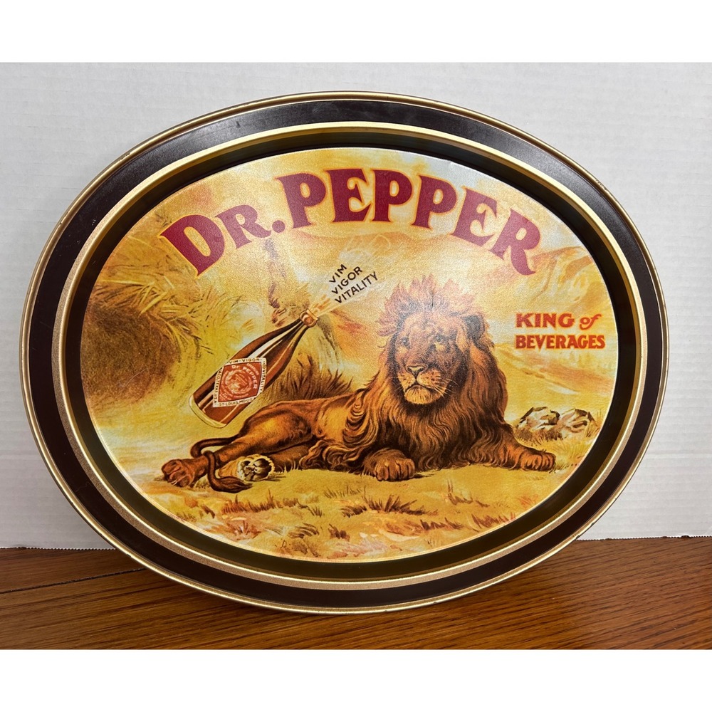 Dr Pepper King of Beverages Metal Serving Tray Lion Vintage Style Oval Brown